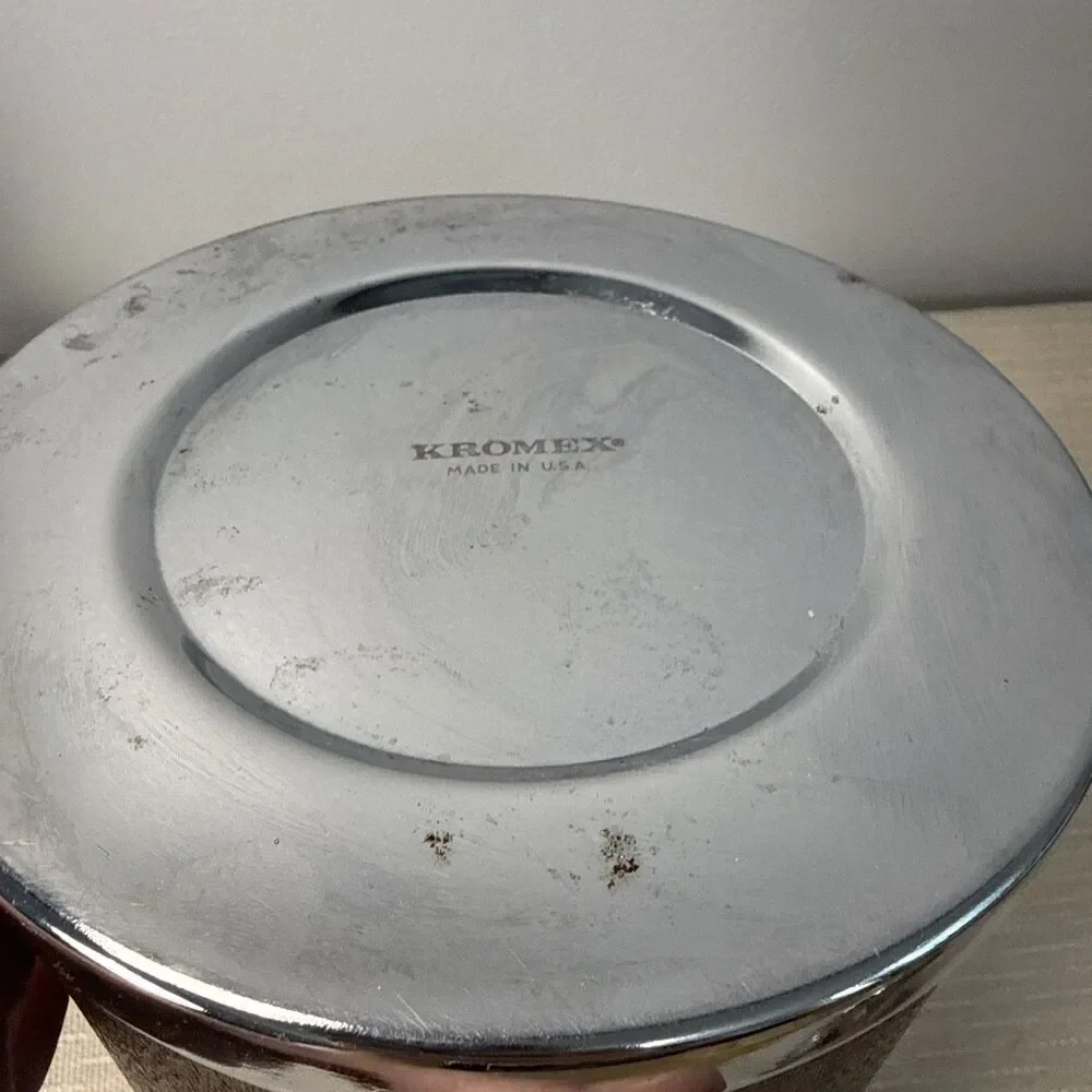 Kromex Mid Century Modern Ice Bucket Wood Grain Chrome Vintage 1960s USA